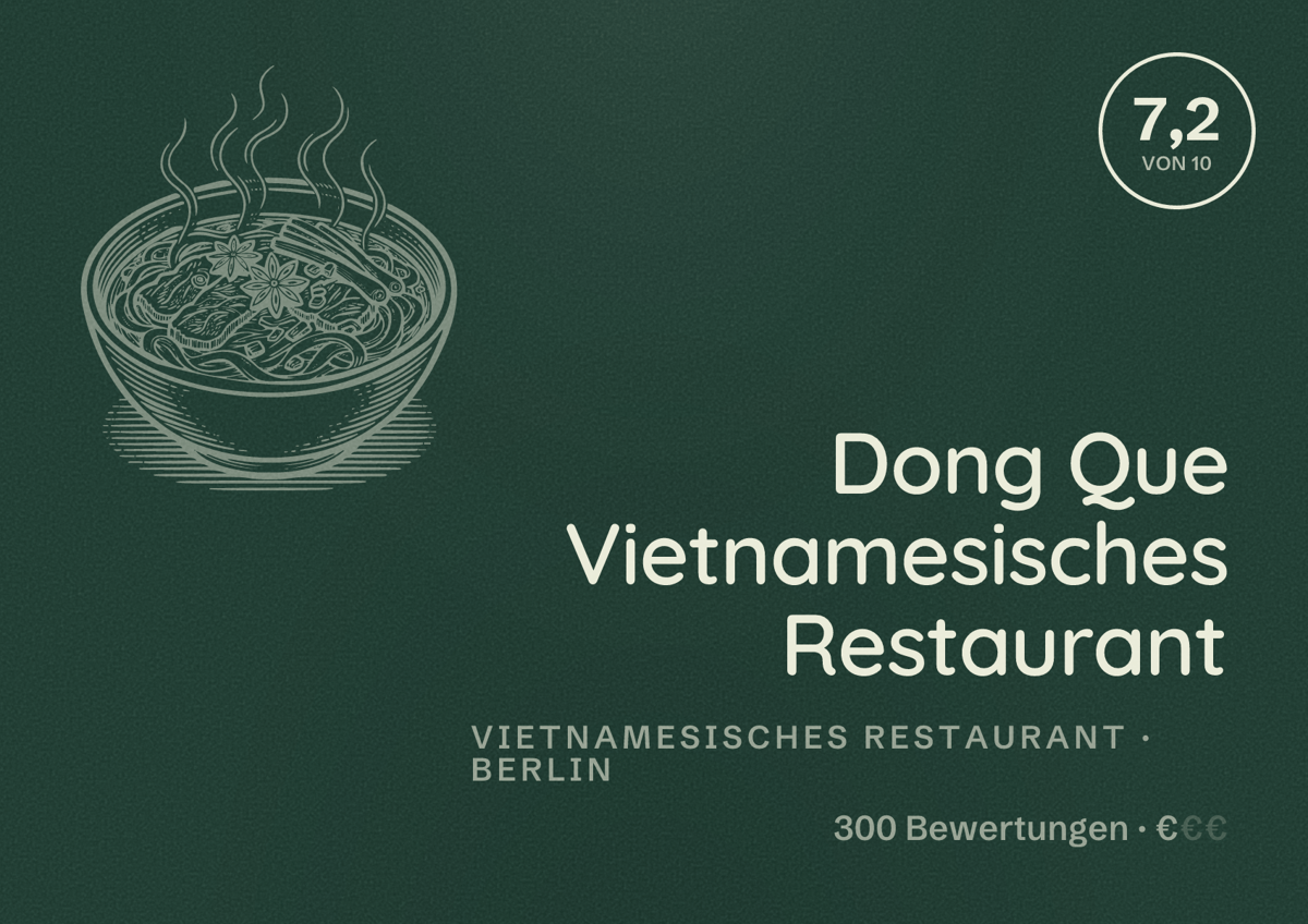 Illustriertes Poster von Dong Que Vietnamesisches Restaurant, Vietnamesisches Restaurant in Berlin: Bewertung 7,2 von 10 aus 300 Bewertungen, Preisniveau €