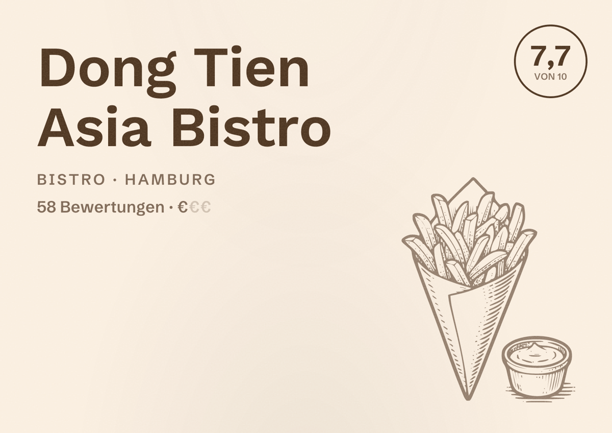 Illustriertes Poster von Dong Tien Asia Bistro, Bistro in Hamburg: Bewertung 7,7 von 10 aus 58 Bewertungen, Preisniveau €
