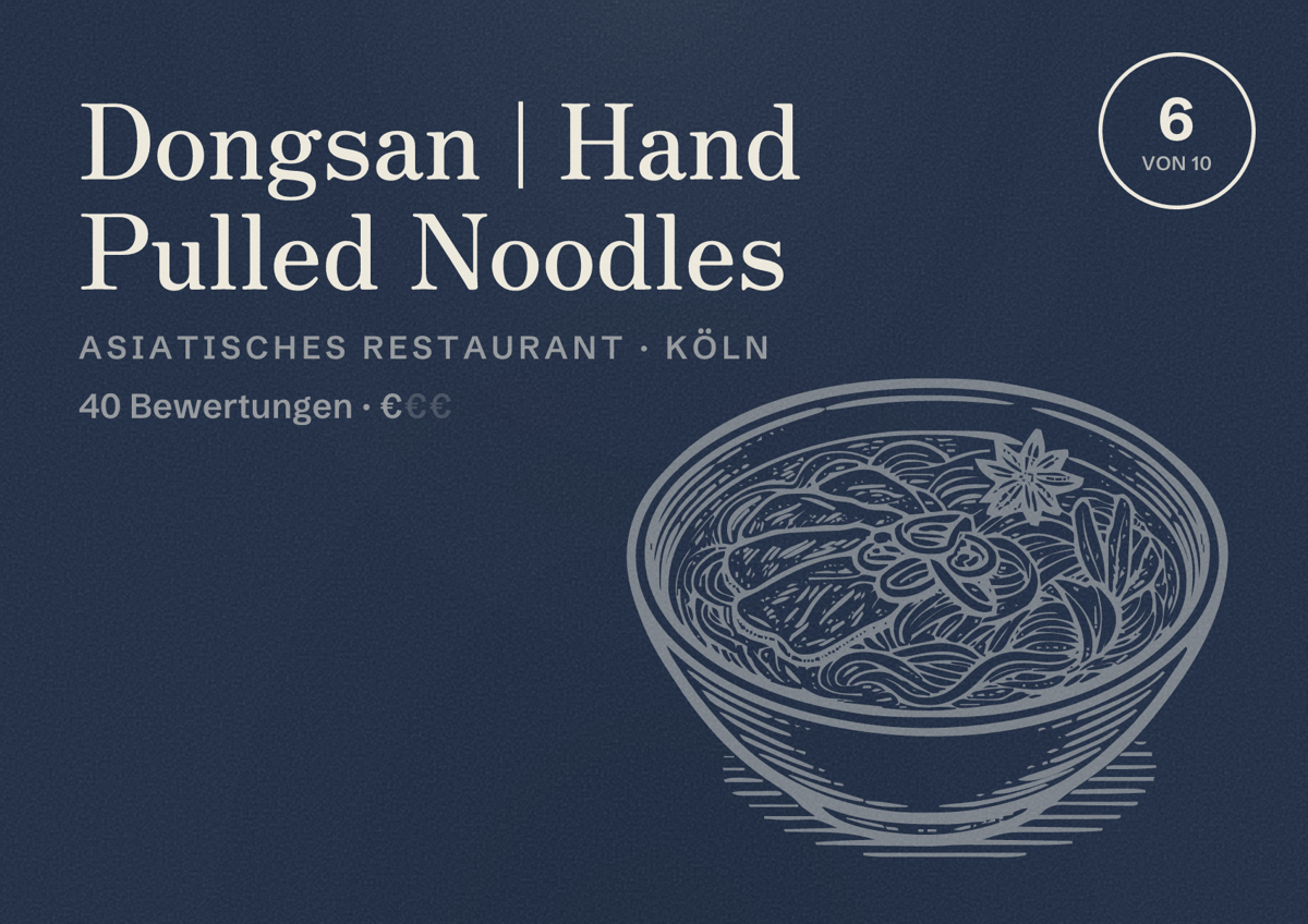 Illustriertes Poster von Dongsan | Hand Pulled Noodles, Asiatisches Restaurant in Köln: Bewertung 6,0 von 10 aus 40 Bewertungen, Preisniveau €