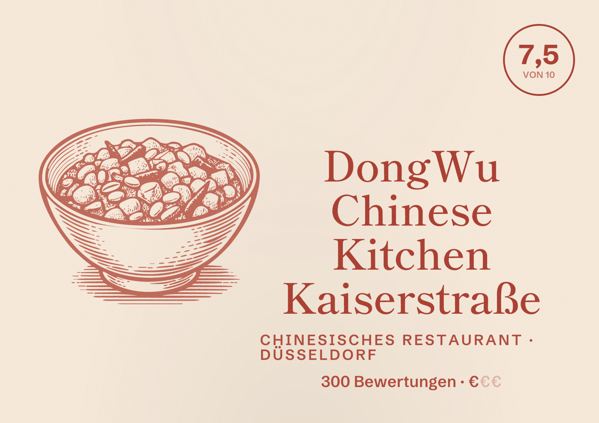 Illustriertes Poster von DongWu Chinese Kitchen Kaiserstraße, Chinesisches Restaurant in Düsseldorf: Bewertung 7,5 von 10 aus 300 Bewertungen, Preisniveau €