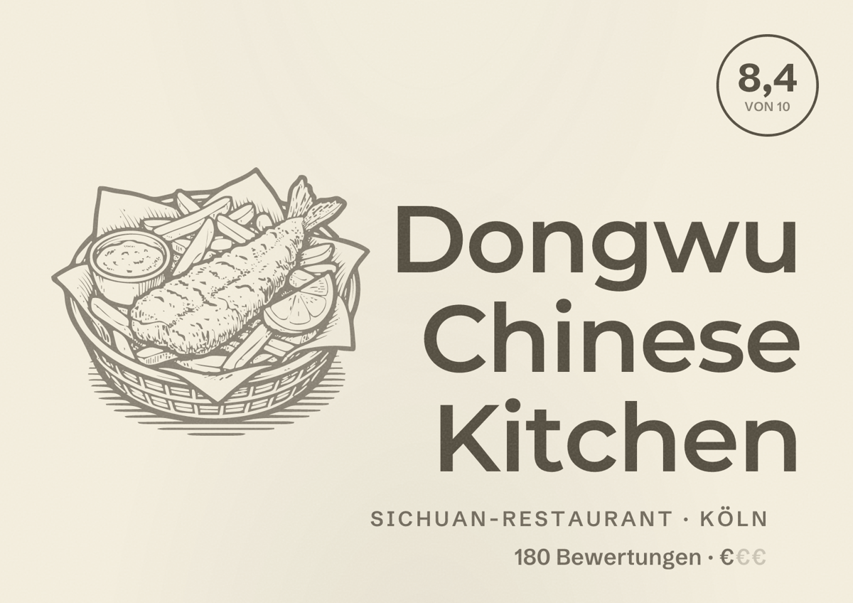 Illustriertes Poster von Dongwu Chinese Kitchen, Sichuan-Restaurant in Köln: Bewertung 8,4 von 10 aus 180 Bewertungen, Preisniveau €