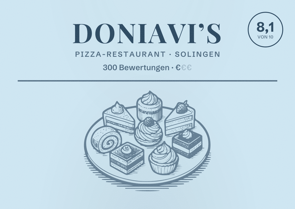 Illustriertes Poster von Doniavi’s, Pizza-Restaurant in Solingen: Bewertung 8,1 von 10 aus 300 Bewertungen, Preisniveau €