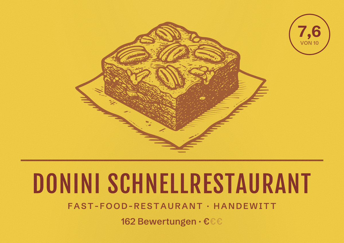Illustriertes Poster von Donini Schnellrestaurant, Fast-Food-Restaurant in Handewitt: Bewertung 7,6 von 10 aus 162 Bewertungen, Preisniveau €