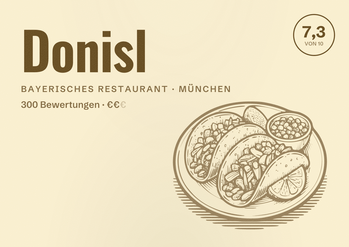 Illustriertes Poster von Donisl, Bayerisches Restaurant in München: Bewertung 7,3 von 10 aus 300 Bewertungen, Preisniveau €€