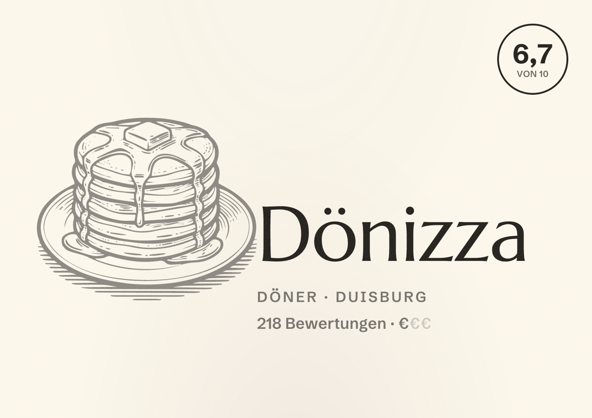 Illustriertes Poster von Dönizza, Döner in Duisburg: Bewertung 6,7 von 10 aus 218 Bewertungen, Preisniveau €
