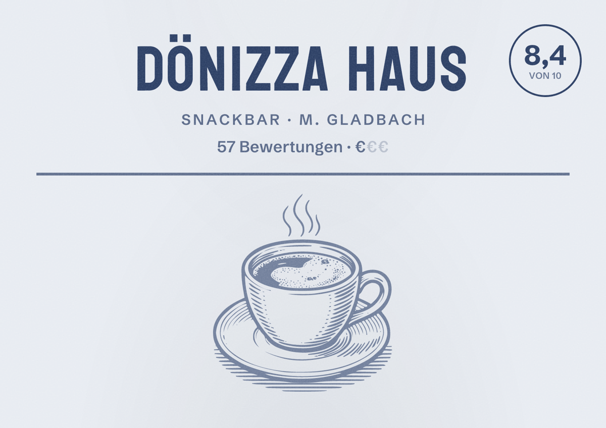 Illustriertes Poster von Dönizza Haus, Snackbar in M. Gladbach: Bewertung 8,4 von 10 aus 57 Bewertungen, Preisniveau €