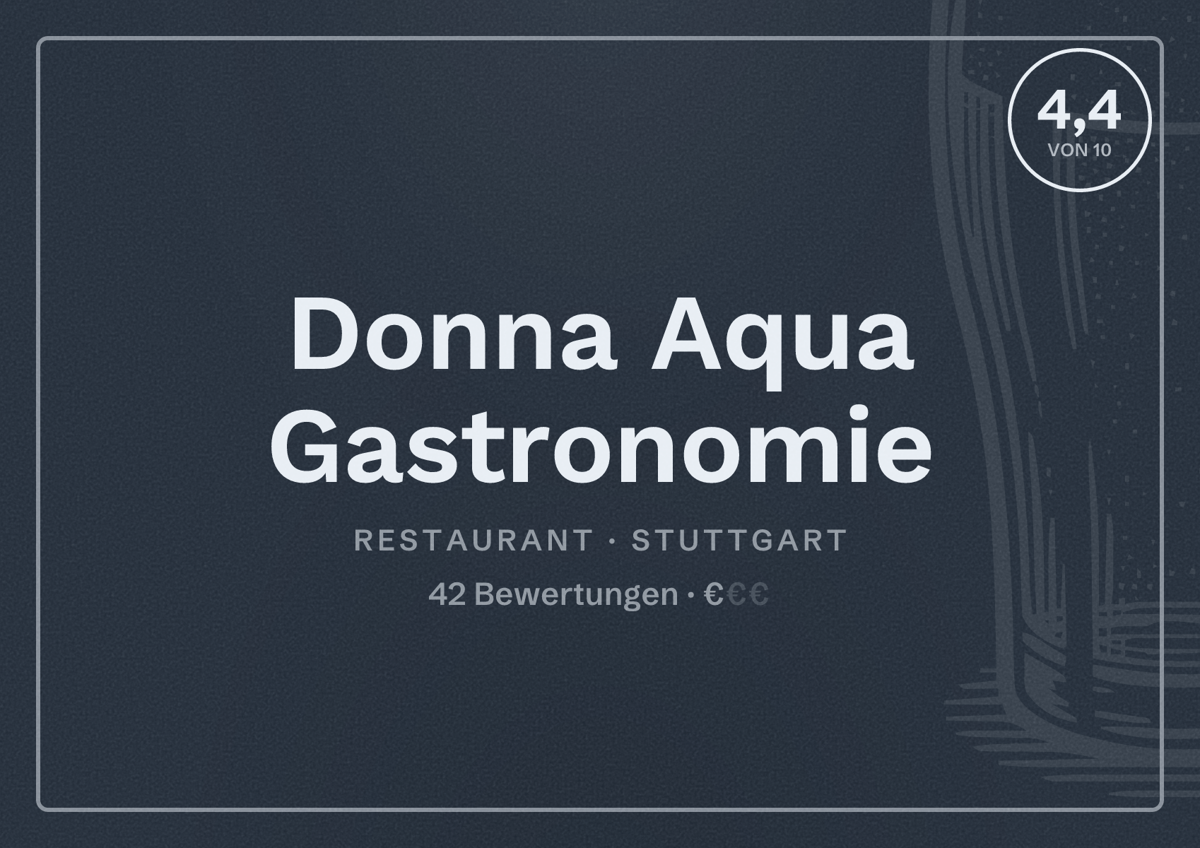 Illustriertes Poster von Donna Aqua Gastronomie, Restaurant in Stuttgart: Bewertung 4,4 von 10 aus 42 Bewertungen, Preisniveau €