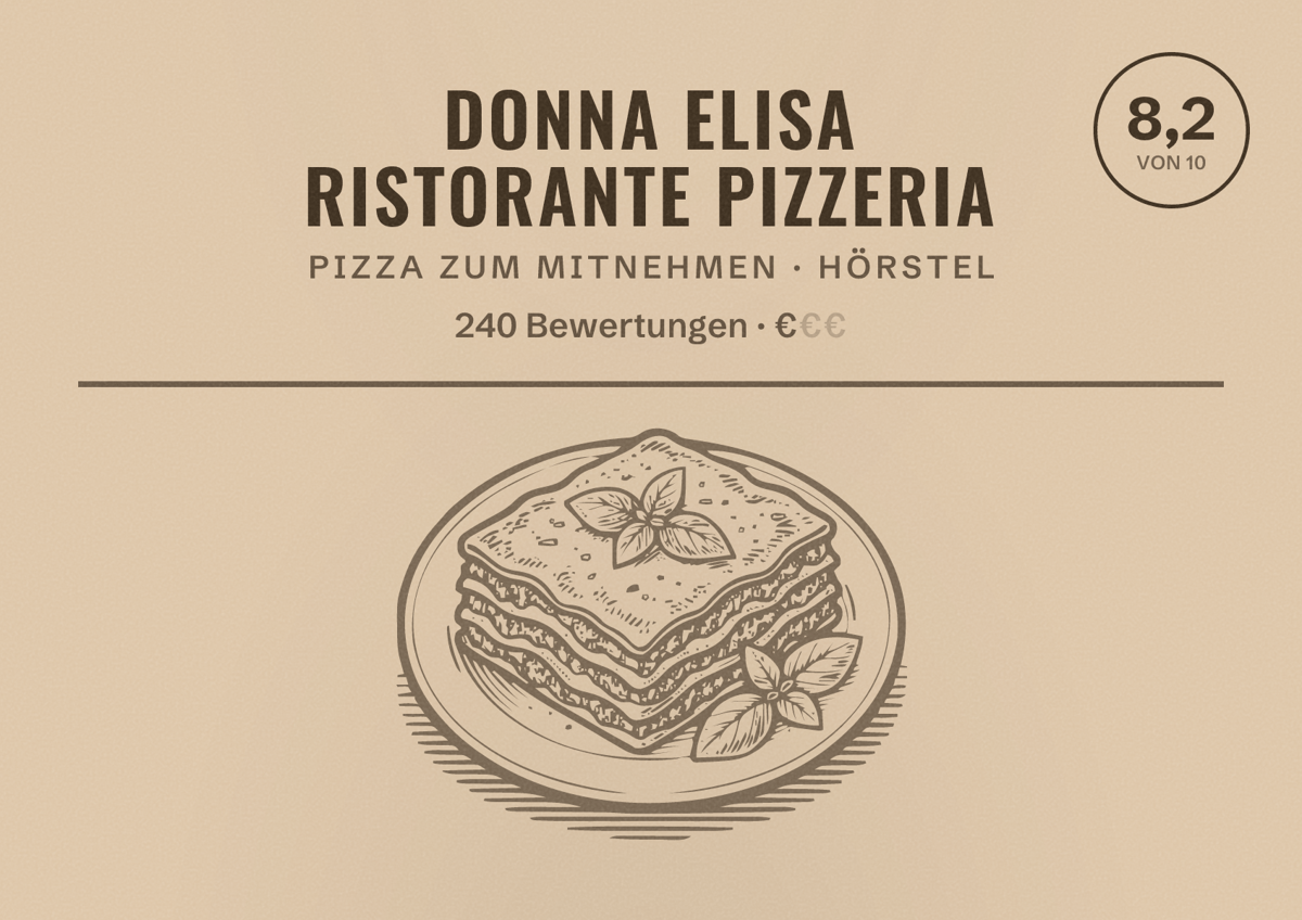 Illustriertes Poster von Donna Elisa Ristorante Pizzeria, Pizza zum Mitnehmen in Hörstel: Bewertung 8,2 von 10 aus 240 Bewertungen, Preisniveau €