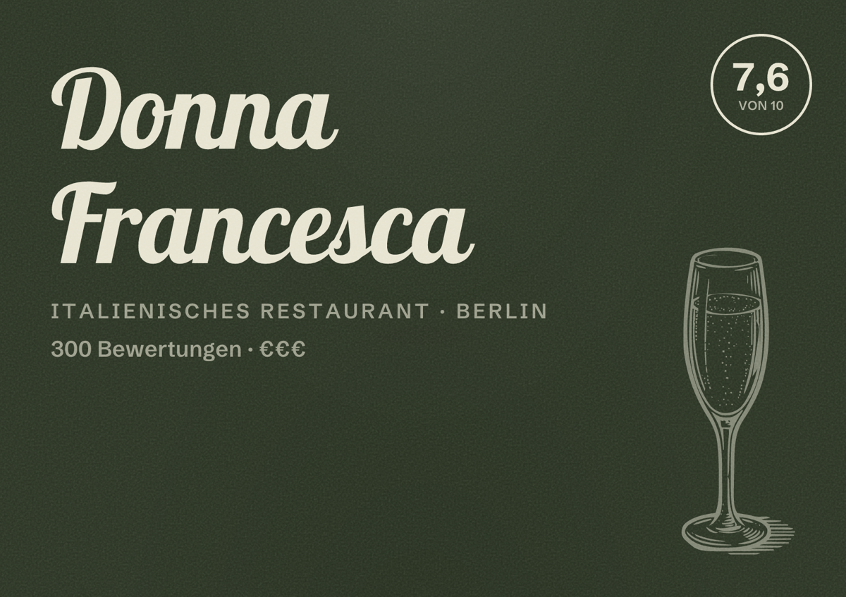 Illustriertes Poster von Donna Francesca, Italienisches Restaurant in Berlin: Bewertung 7,6 von 10 aus 300 Bewertungen, Preisniveau €€€