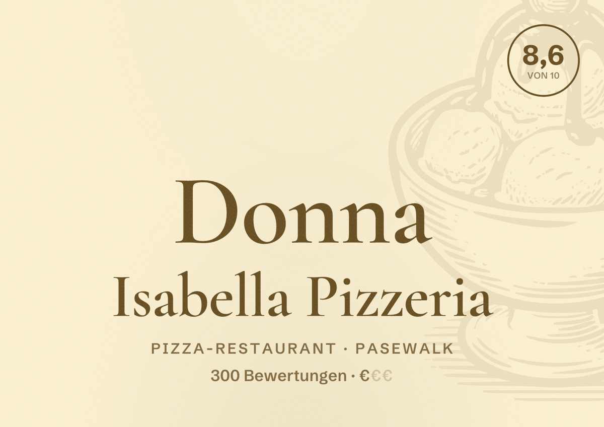 Illustriertes Poster von Donna Isabella Pizzeria, Pizza-Restaurant in Pasewalk: Bewertung 8,6 von 10 aus 300 Bewertungen, Preisniveau €
