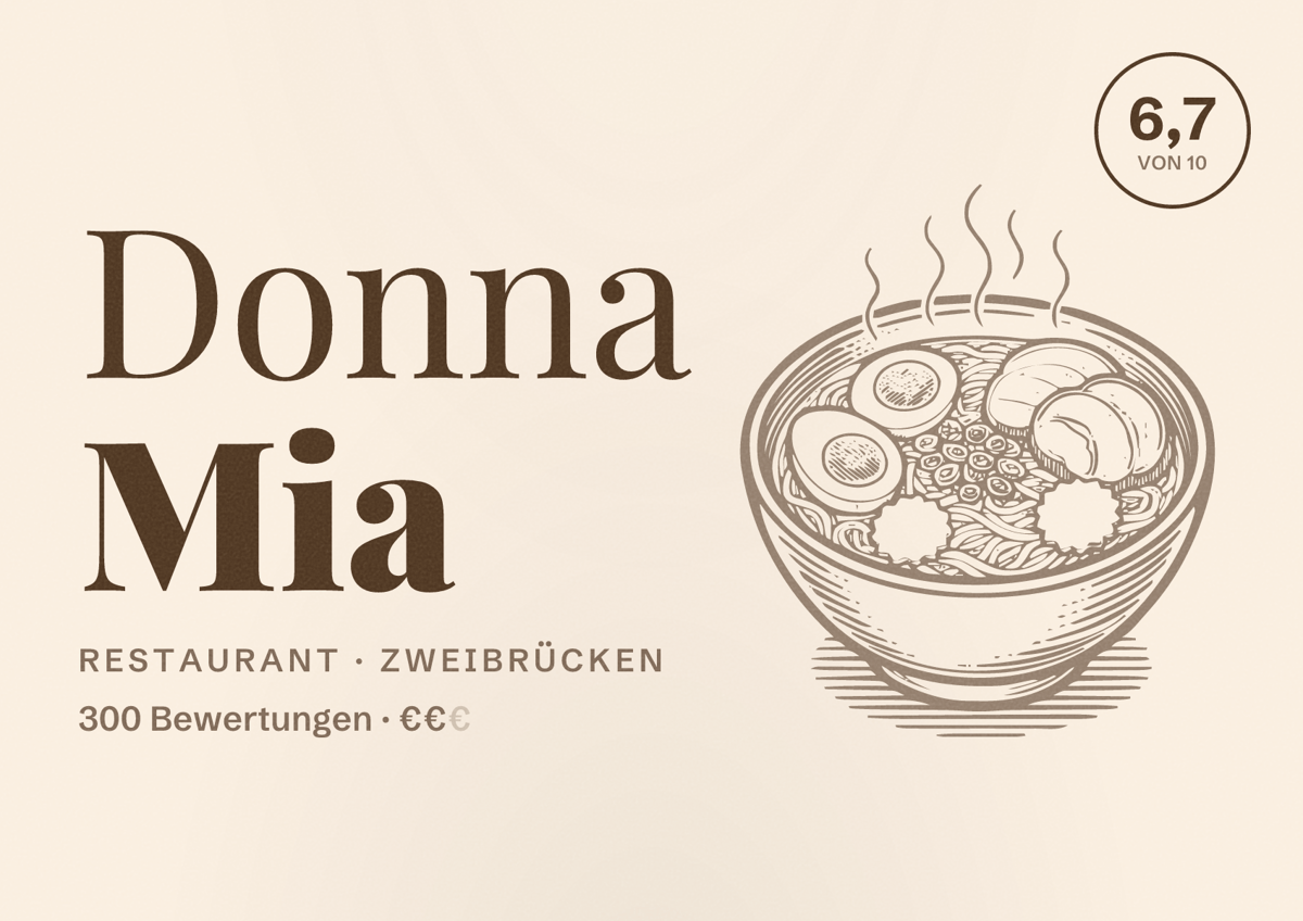 Illustriertes Poster von Donna Mia, Restaurant in Zweibrücken: Bewertung 6,7 von 10 aus 300 Bewertungen, Preisniveau €€