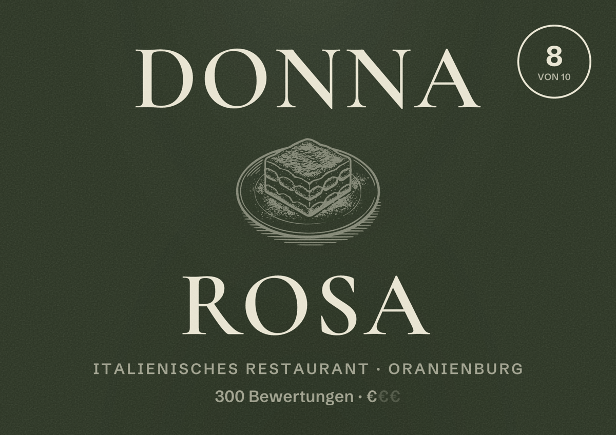 Illustriertes Poster von Donna Rosa, Italienisches Restaurant in Oranienburg: Bewertung 8 von 10 aus 300 Bewertungen, Preisniveau €