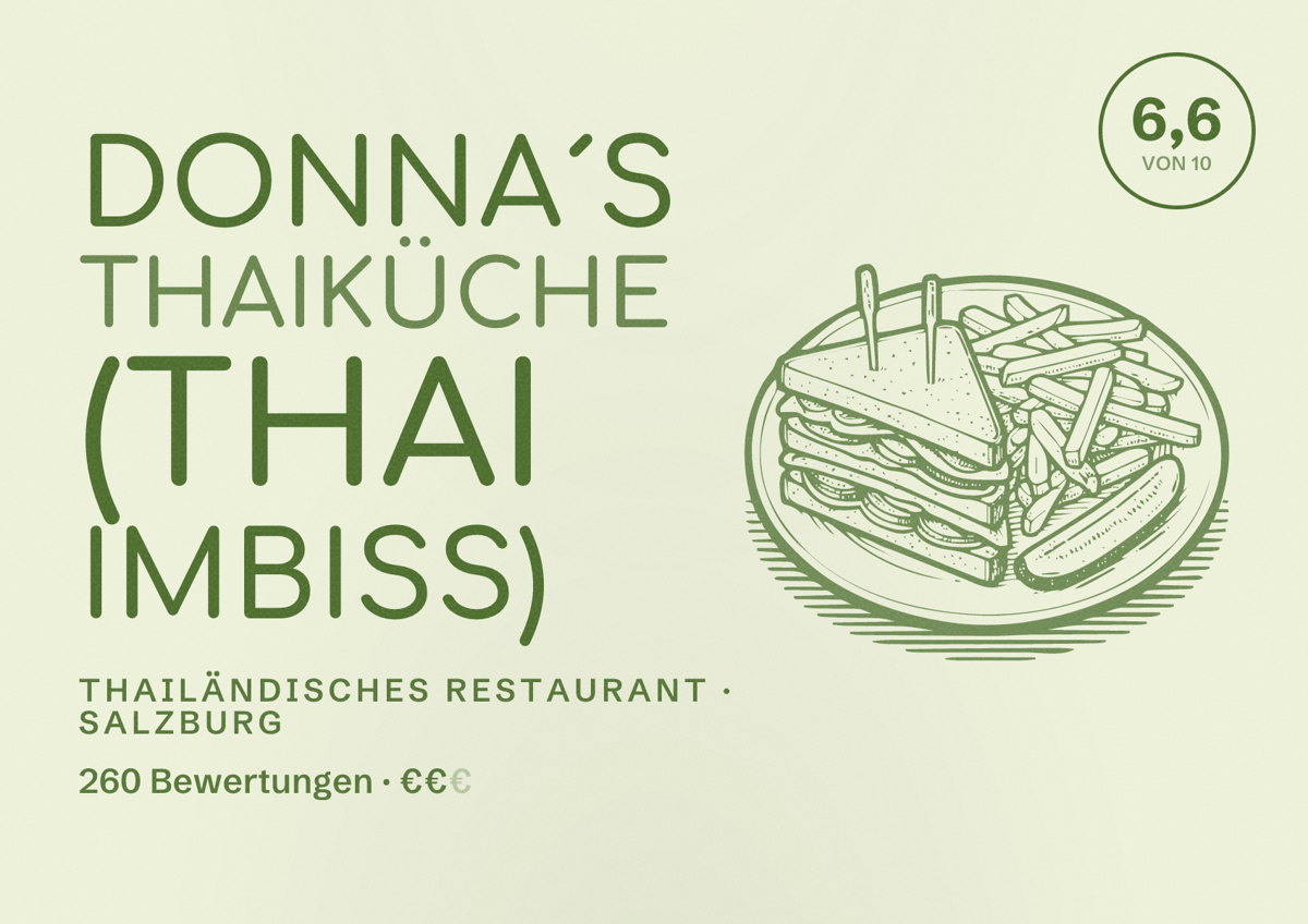 Illustriertes Poster von Donna´s Thaiküche (Thai Imbiss), Thailändisches Restaurant in Salzburg: Bewertung 6,6 von 10 aus 260 Bewertungen, Preisniveau €€
