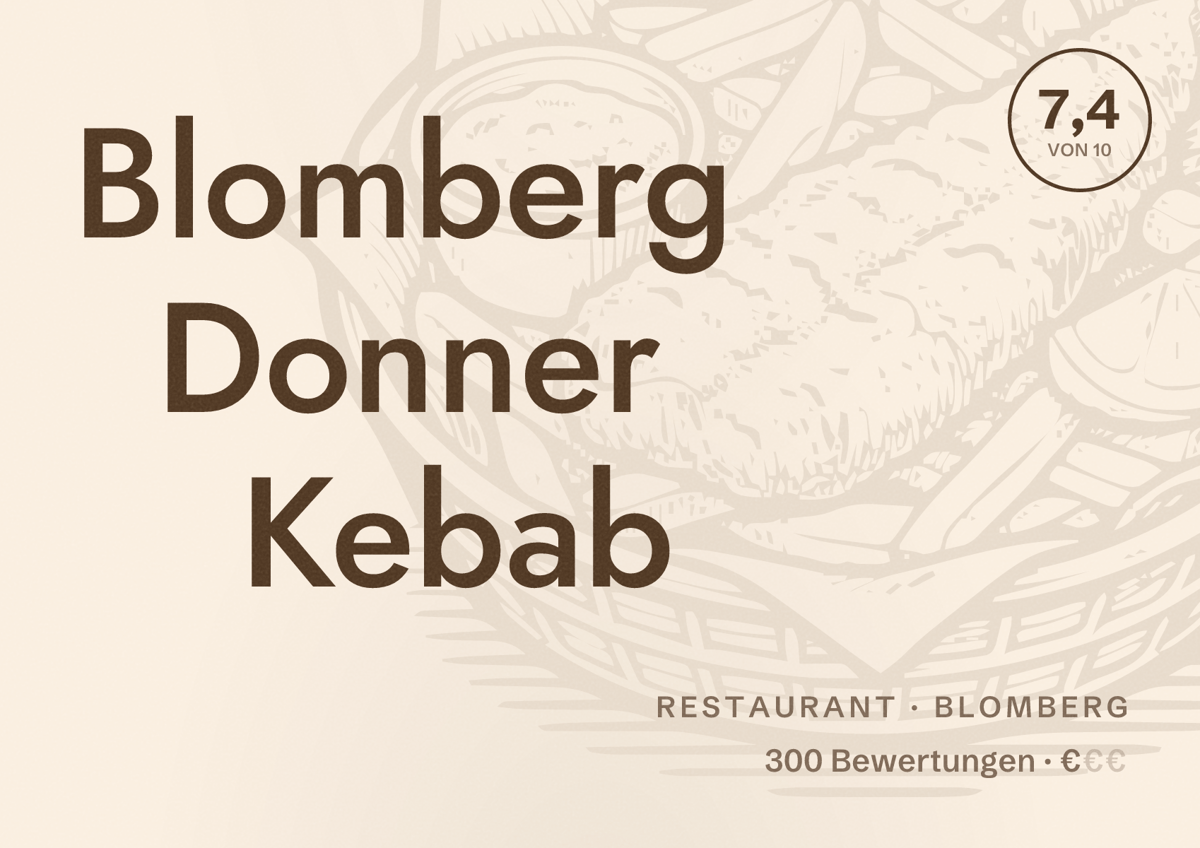 Illustriertes Poster von Blomberg Donner Kebab, Restaurant in Blomberg: Bewertung 7,4 von 10 aus 300 Bewertungen, Preisniveau €