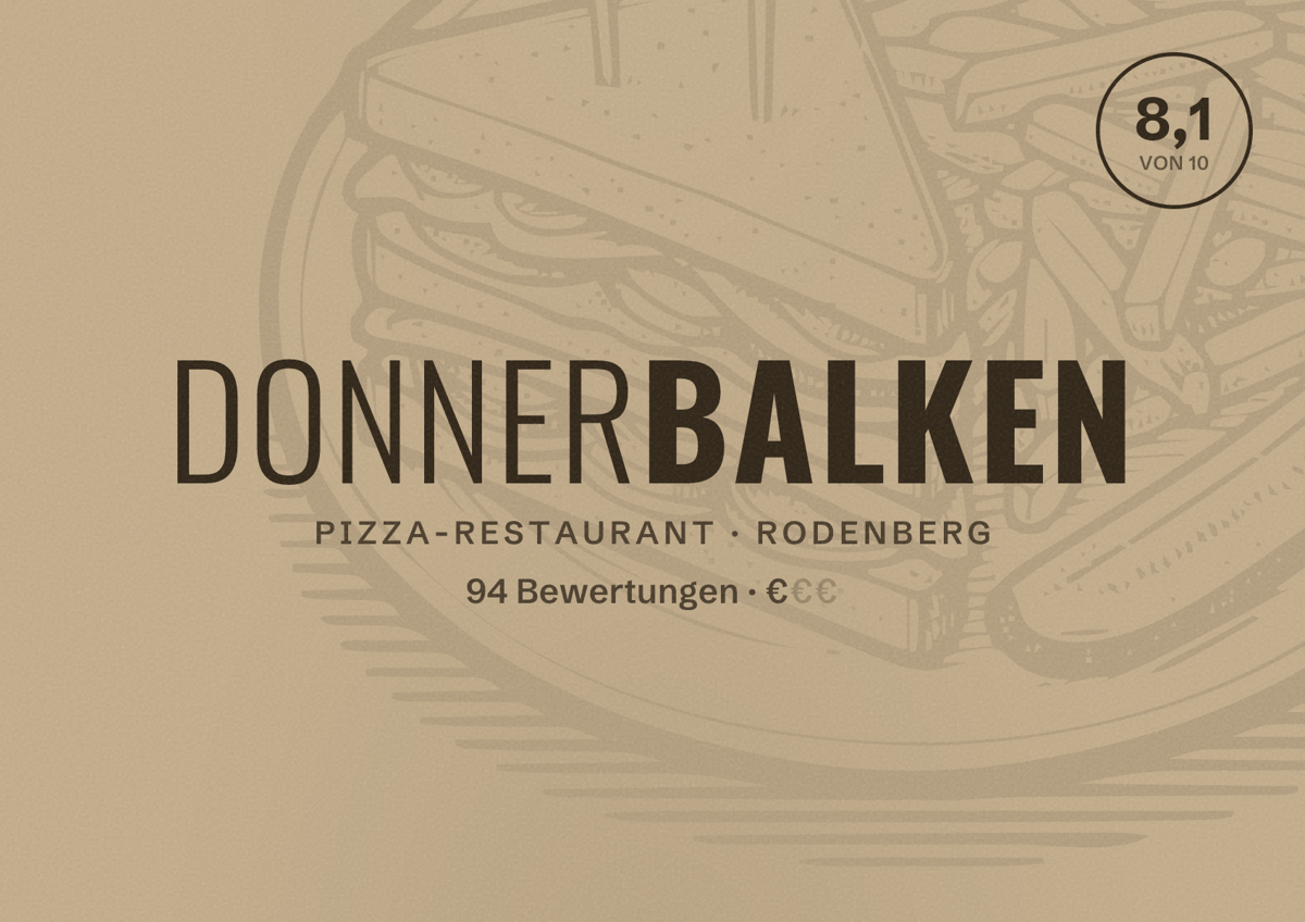 Illustriertes Poster von Donnerbalken, Pizza-Restaurant in Rodenberg: Bewertung 8,1 von 10 aus 94 Bewertungen, Preisniveau €