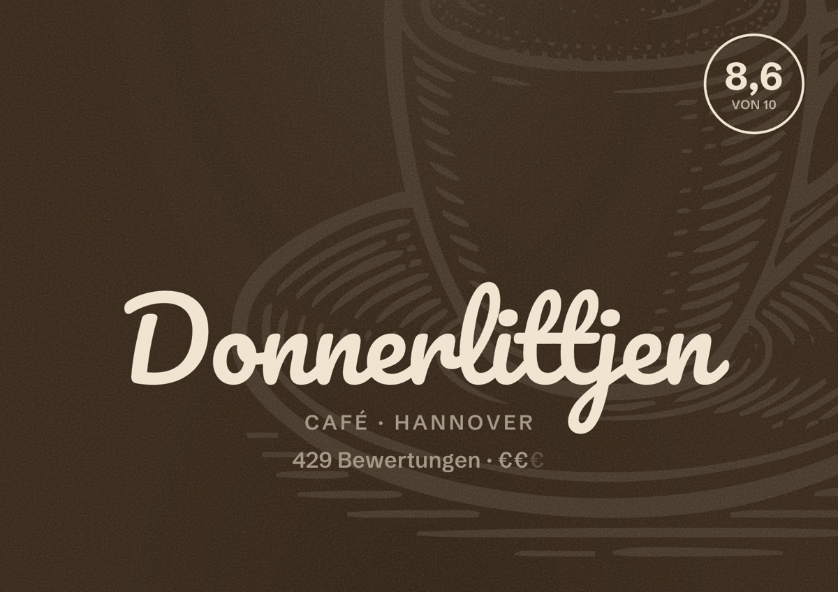 Illustriertes Poster von Donnerlittjen, Café in Hannover: Bewertung 8,6 von 10 aus 429 Bewertungen, Preisniveau €€