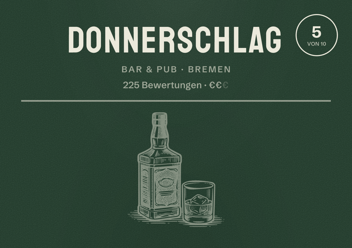 Illustriertes Poster von Donnerschlag, Bar & Pub in Bremen: Bewertung 5 von 10 aus 225 Bewertungen, Preisniveau €€