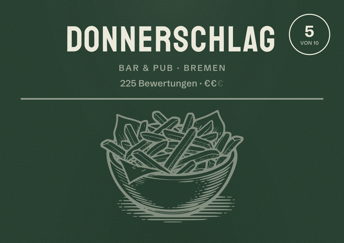 Illustriertes Poster von Donnerschlag, Bar & Pub in Bremen: Bewertung 5 von 10 aus 225 Bewertungen, Preisniveau €€