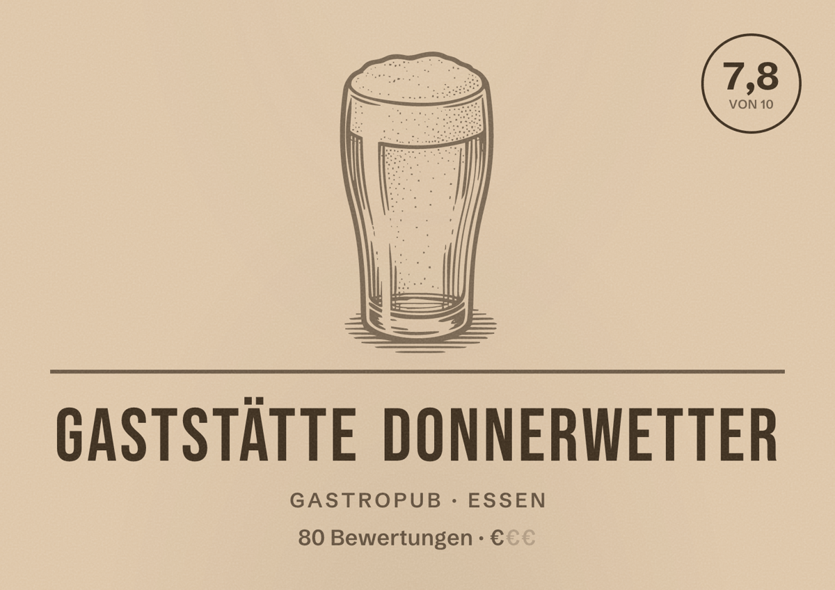 Illustriertes Poster von Gaststätte Donnerwetter, Gastropub in Essen: Bewertung 7,8 von 10 aus 80 Bewertungen, Preisniveau €