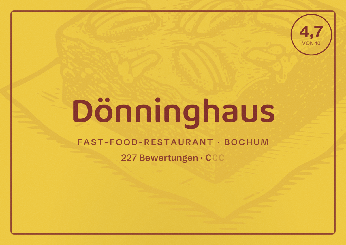 Illustriertes Poster von Dönninghaus, Fast-Food-Restaurant in Bochum: Bewertung 4,7 von 10 aus 227 Bewertungen, Preisniveau €