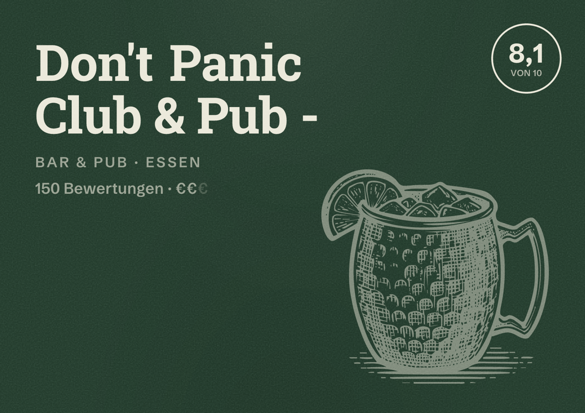 Illustriertes Poster von Don't Panic Club & Pub -, Bar & Pub in Essen: Bewertung 8,1 von 10 aus 150 Bewertungen, Preisniveau €€