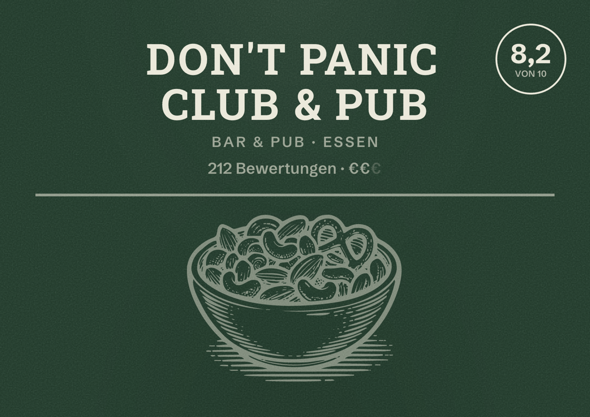 Illustriertes Poster von Don't Panic Club & Pub, Bar & Pub in Essen: Bewertung 8,2 von 10 aus 212 Bewertungen, Preisniveau €€