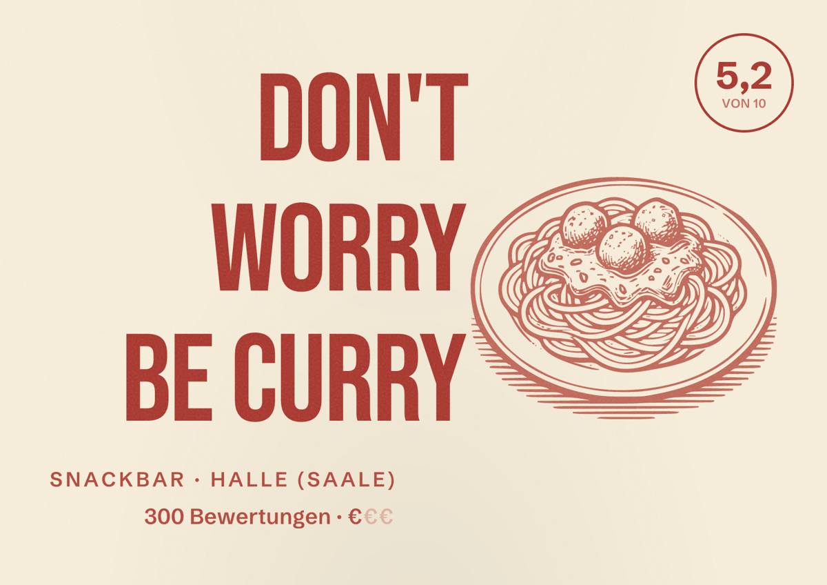 Illustriertes Poster von Don't worry be curry, Snackbar in Halle (Saale): Bewertung 5,2 von 10 aus 300 Bewertungen, Preisniveau €