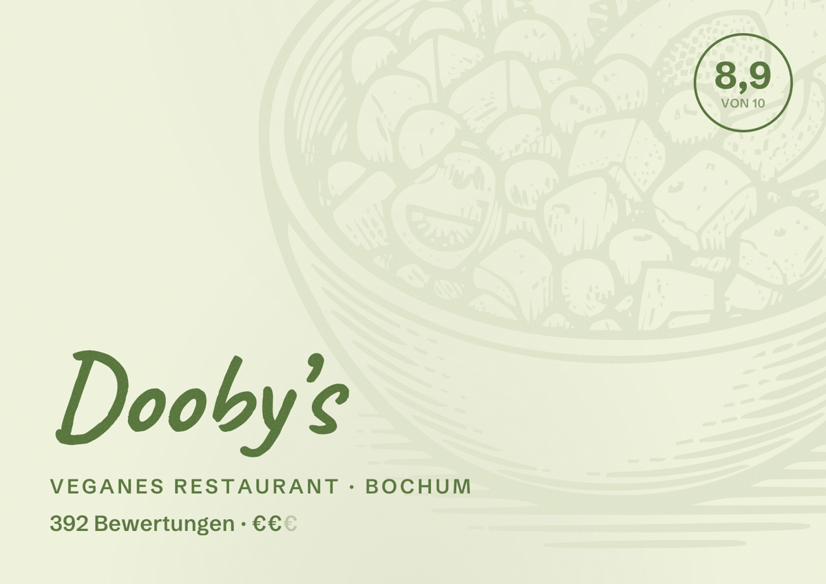 Illustriertes Poster von Dooby’s, Veganes Restaurant in Bochum: Bewertung 8,9 von 10 aus 392 Bewertungen, Preisniveau €€