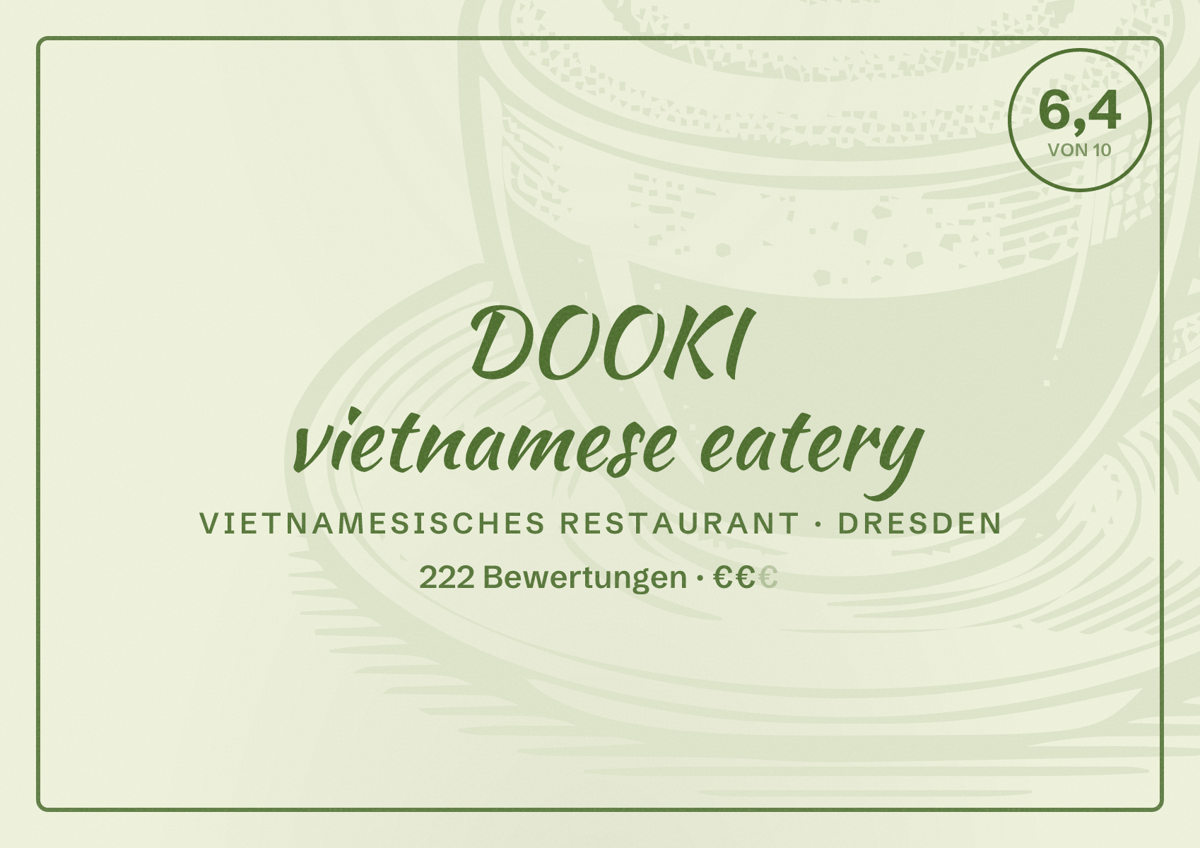 Illustriertes Poster von DOOKI vietnamese eatery, Vietnamesisches Restaurant in Dresden: Bewertung 6,4 von 10 aus 222 Bewertungen, Preisniveau €€
