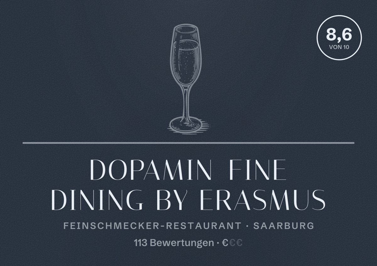 Illustriertes Poster von Dopamin Fine Dining by Erasmus, Feinschmecker-Restaurant in Saarburg: Bewertung 8,6 von 10 aus 113 Bewertungen, Preisniveau €