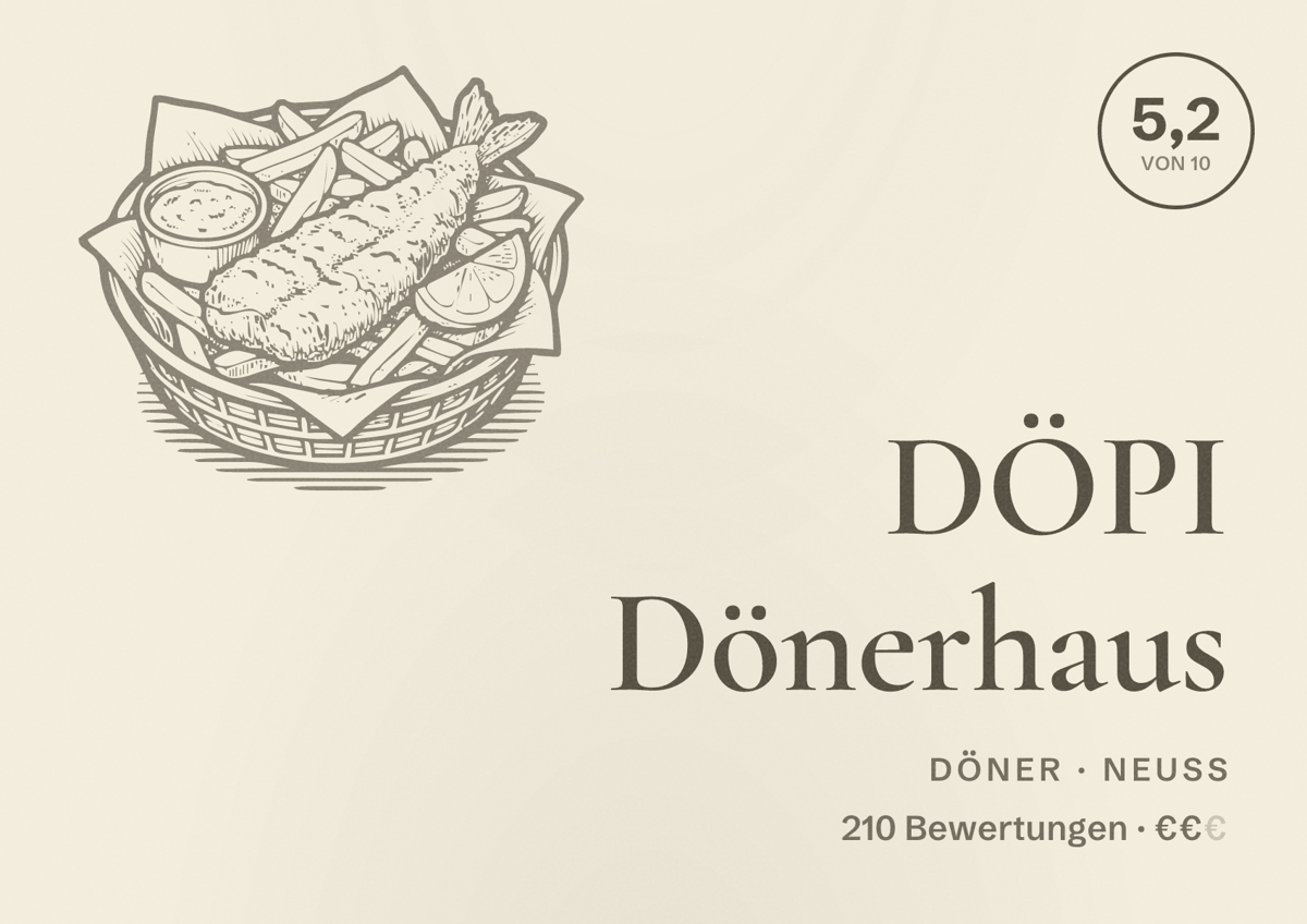 Illustriertes Poster von DÖPI Dönerhaus, Döner in Neuss: Bewertung 5,2 von 10 aus 210 Bewertungen, Preisniveau €€