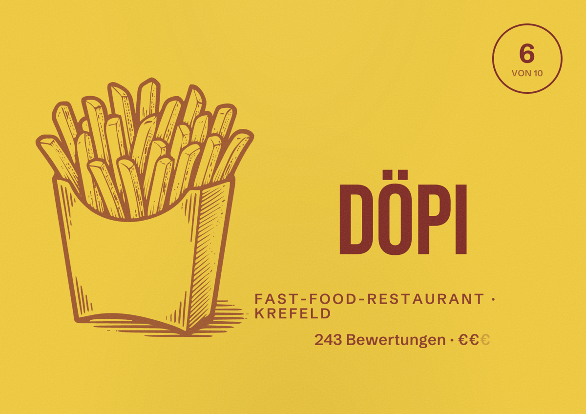 Illustriertes Poster von DöPi, Fast-Food-Restaurant in Krefeld: Bewertung 6 von 10 aus 243 Bewertungen, Preisniveau €€