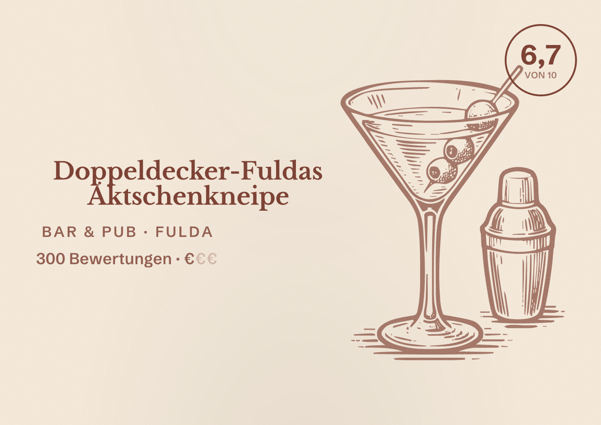 Illustriertes Poster von Doppeldecker-Fuldas Äktschenkneipe, Bar & Pub in Fulda: Bewertung 6,7 von 10 aus 300 Bewertungen, Preisniveau €