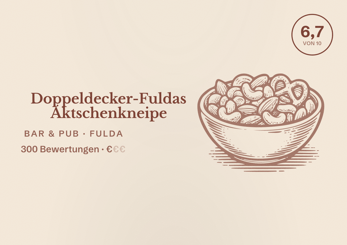 Illustriertes Poster von Doppeldecker-Fuldas Äktschenkneipe, Bar & Pub in Fulda: Bewertung 6,7 von 10 aus 300 Bewertungen, Preisniveau €