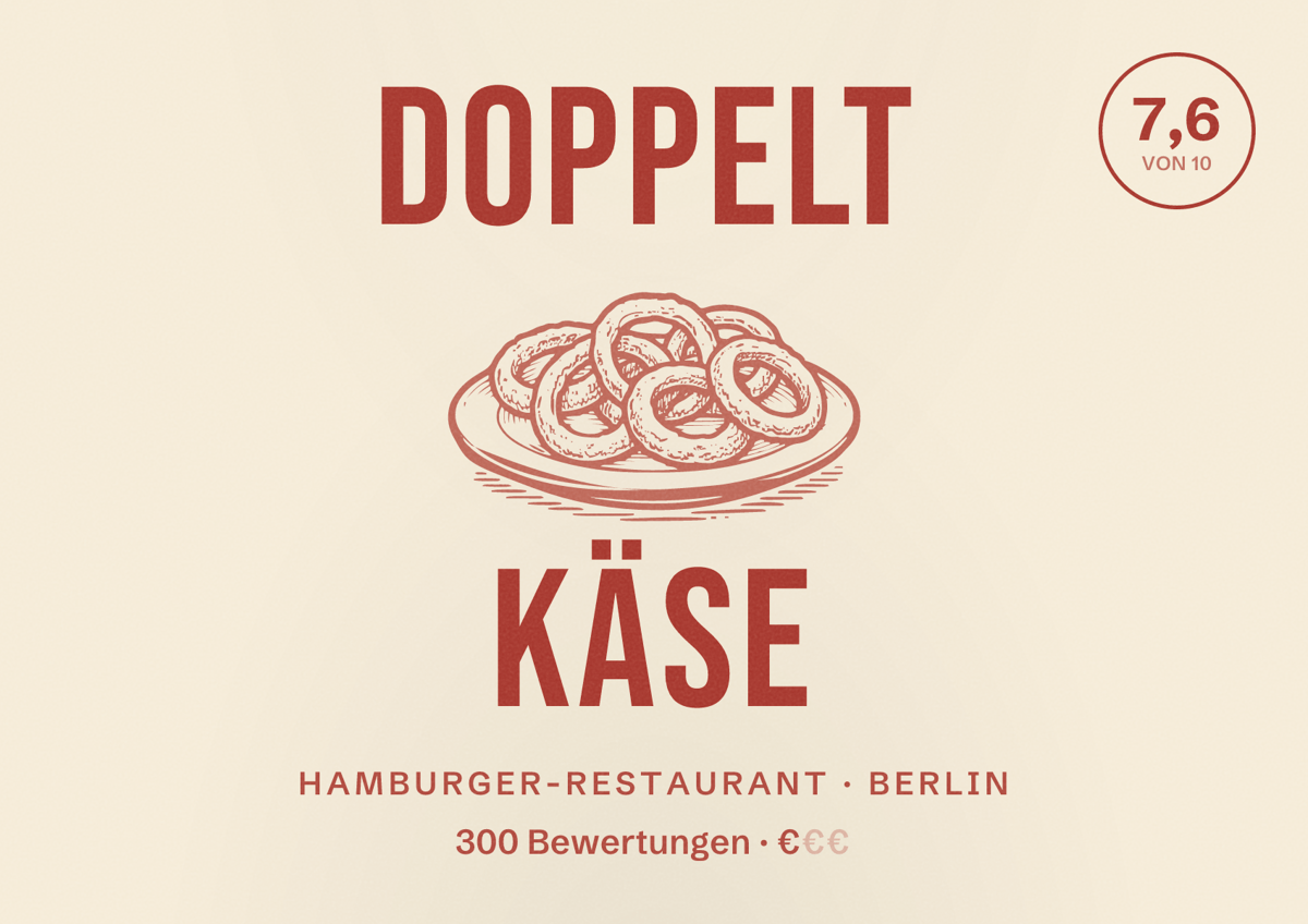 Illustriertes Poster von doppelt Käse, Hamburger-Restaurant in Berlin: Bewertung 7,6 von 10 aus 300 Bewertungen, Preisniveau €