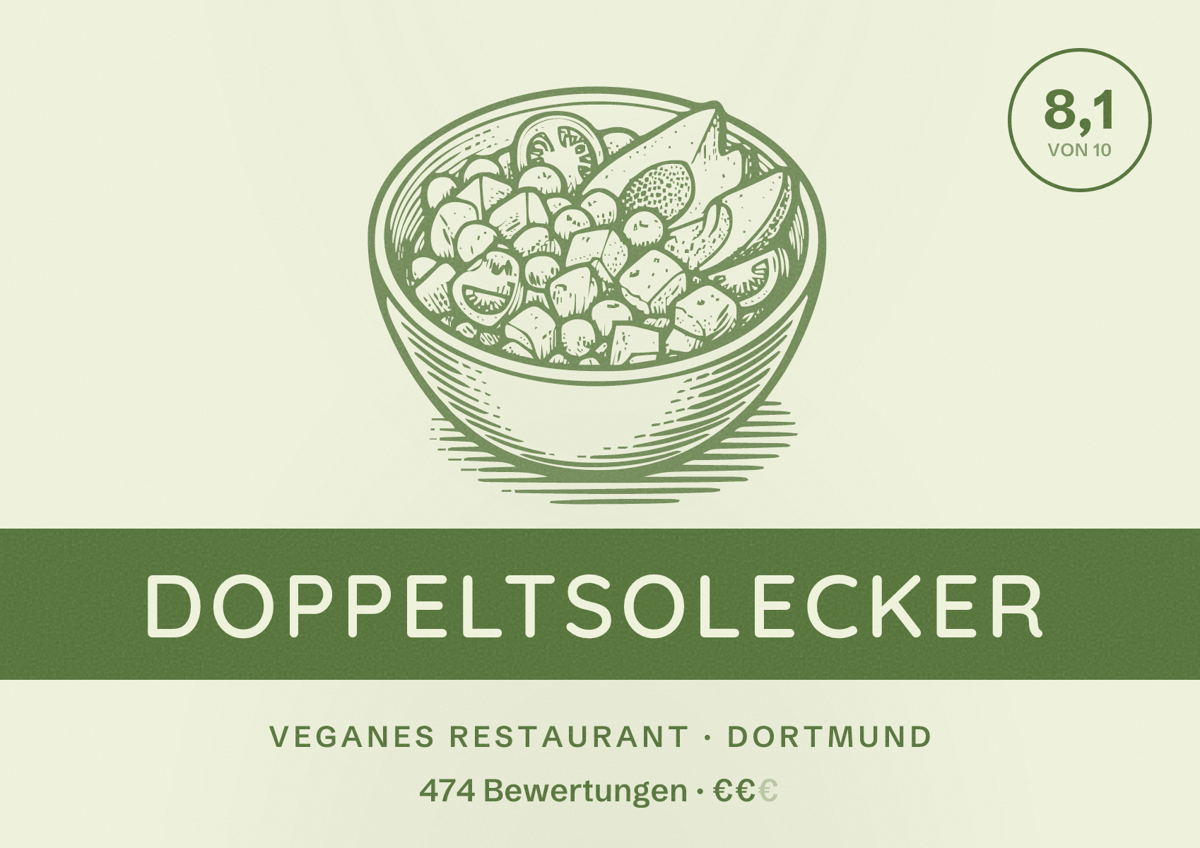 Illustriertes Poster von DOPPELTSOLECKER, Veganes Restaurant in Dortmund: Bewertung 8,1 von 10 aus 474 Bewertungen, Preisniveau €€