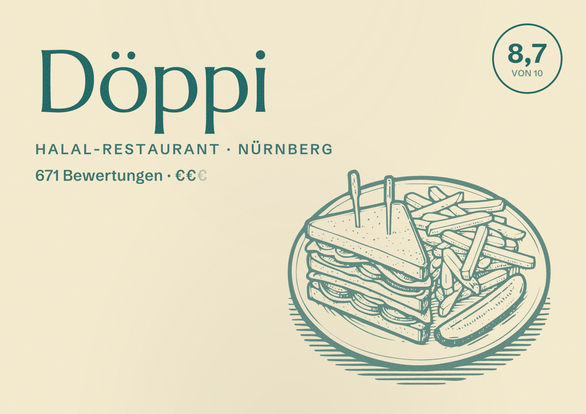 Illustriertes Poster von Döppi, Halal-Restaurant in Nürnberg: Bewertung 8,7 von 10 aus 671 Bewertungen, Preisniveau €€