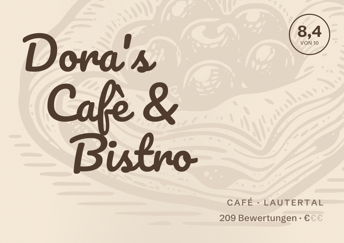 Illustriertes Poster von Dora's Cafè & Bistro, Café in Lautertal: Bewertung 8,4 von 10 aus 209 Bewertungen, Preisniveau €
