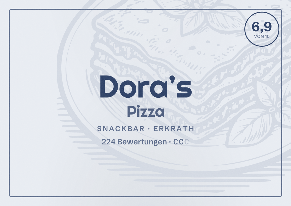 Illustriertes Poster von Dora’s Pizza, Snackbar in Erkrath: Bewertung 6,9 von 10 aus 224 Bewertungen, Preisniveau €€