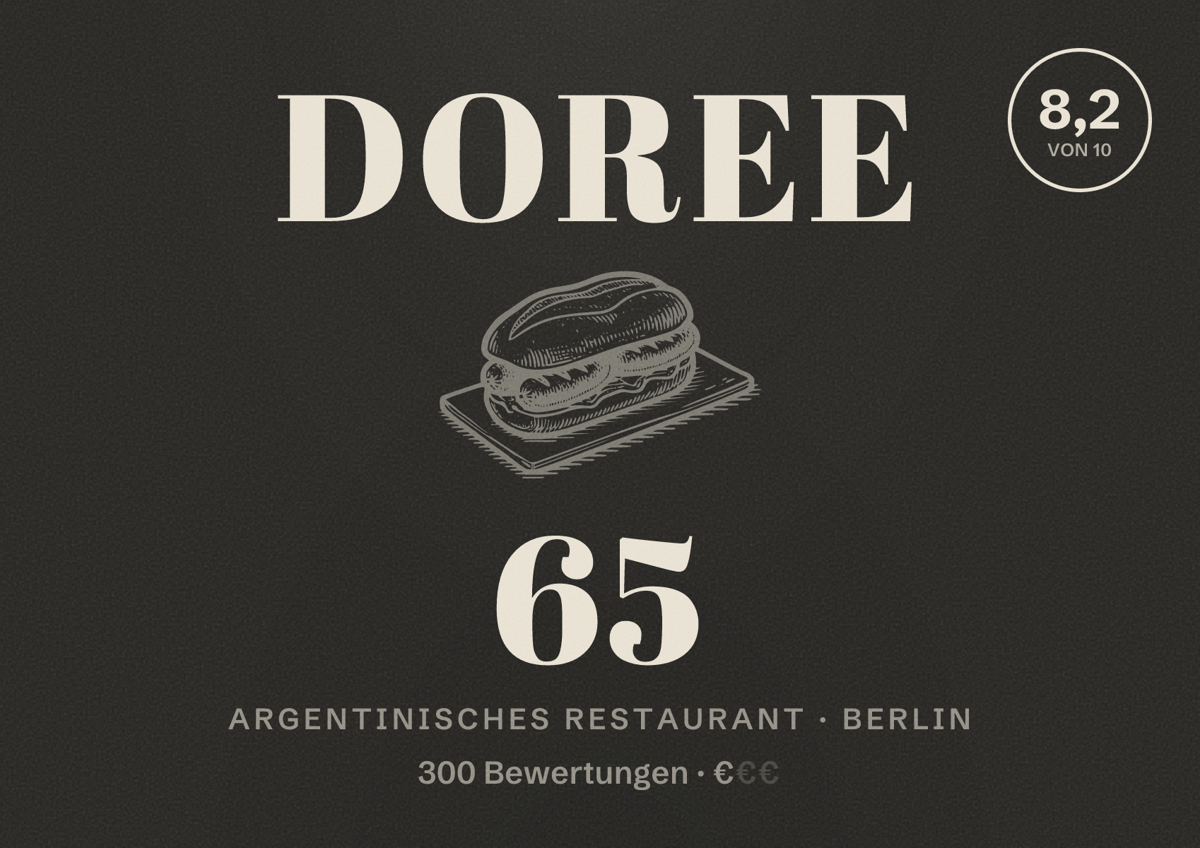 Illustriertes Poster von DOREE 65, Argentinisches Restaurant in Berlin: Bewertung 8,2 von 10 aus 300 Bewertungen, Preisniveau €
