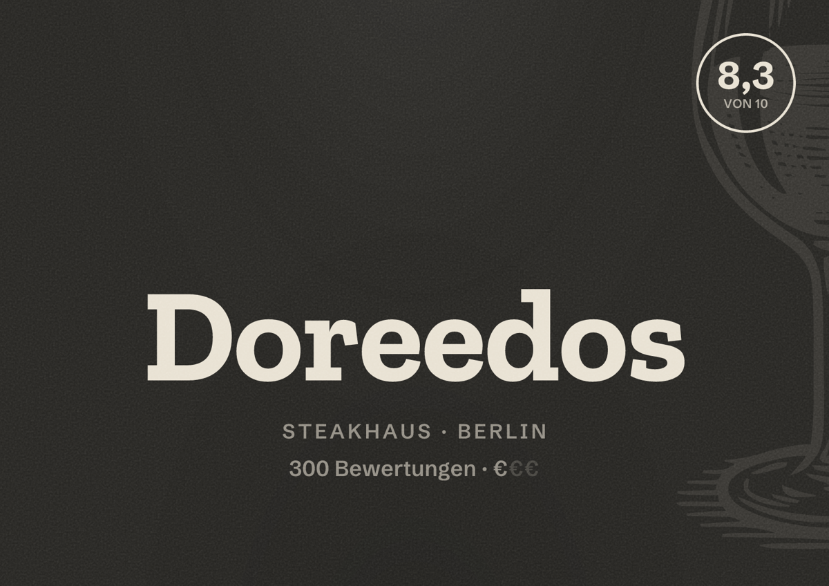 Illustriertes Poster von Doreedos, Steakhaus in Berlin: Bewertung 8,3 von 10 aus 300 Bewertungen, Preisniveau €