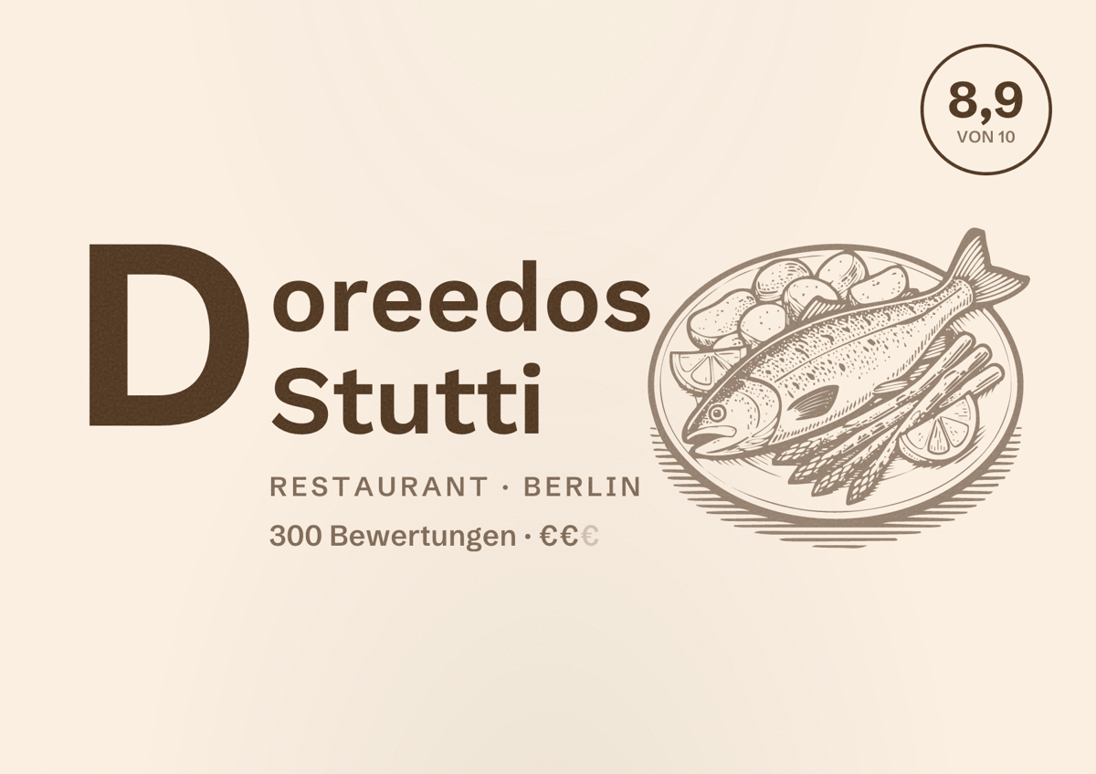 Illustriertes Poster von Doreedos Stutti, Restaurant in Berlin: Bewertung 8,9 von 10 aus 300 Bewertungen, Preisniveau €€