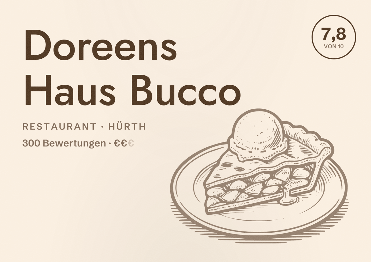 Illustriertes Poster von Doreens Haus Bucco, Restaurant in Hürth: Bewertung 7,8 von 10 aus 300 Bewertungen, Preisniveau €€