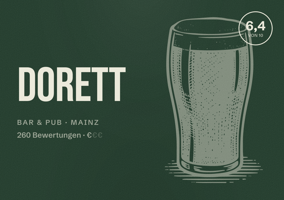 Illustriertes Poster von Dorett, Bar & Pub in Mainz: Bewertung 6,4 von 10 aus 260 Bewertungen, Preisniveau €