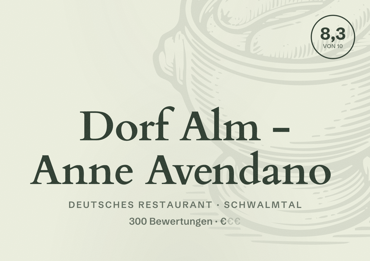 Illustriertes Poster von Dorf Alm - Anne Avendano, Deutsches Restaurant in Schwalmtal: Bewertung 8,3 von 10 aus 300 Bewertungen, Preisniveau €