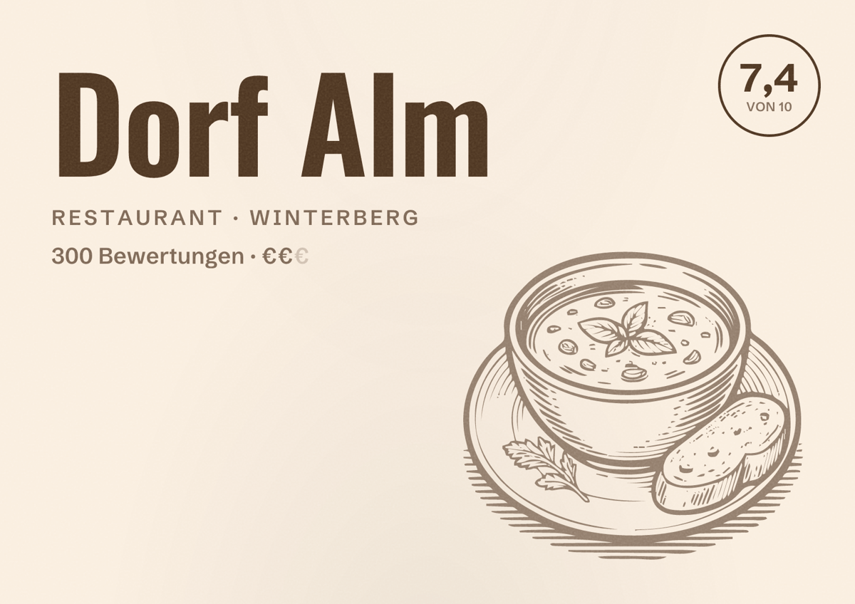 Illustriertes Poster von Dorf Alm, Restaurant in Winterberg: Bewertung 7,4 von 10 aus 300 Bewertungen, Preisniveau €€