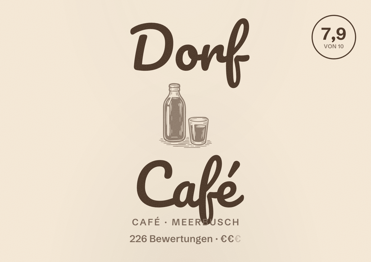 Illustriertes Poster von Dorf Café, Café in Meerbusch: Bewertung 7,9 von 10 aus 226 Bewertungen, Preisniveau €€