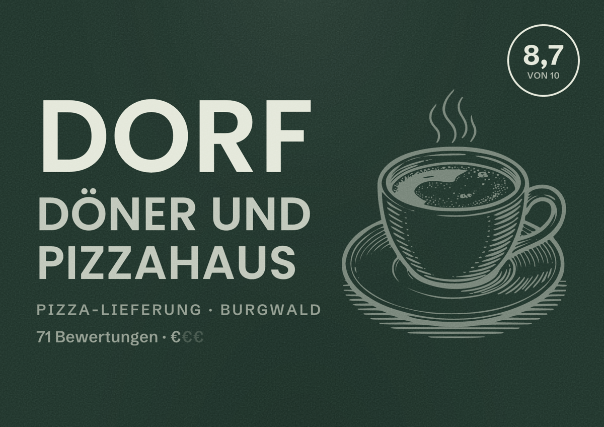 Illustriertes Poster von Dorf Döner und Pizzahaus, Pizza-Lieferung in Burgwald: Bewertung 8,7 von 10 aus 71 Bewertungen, Preisniveau €