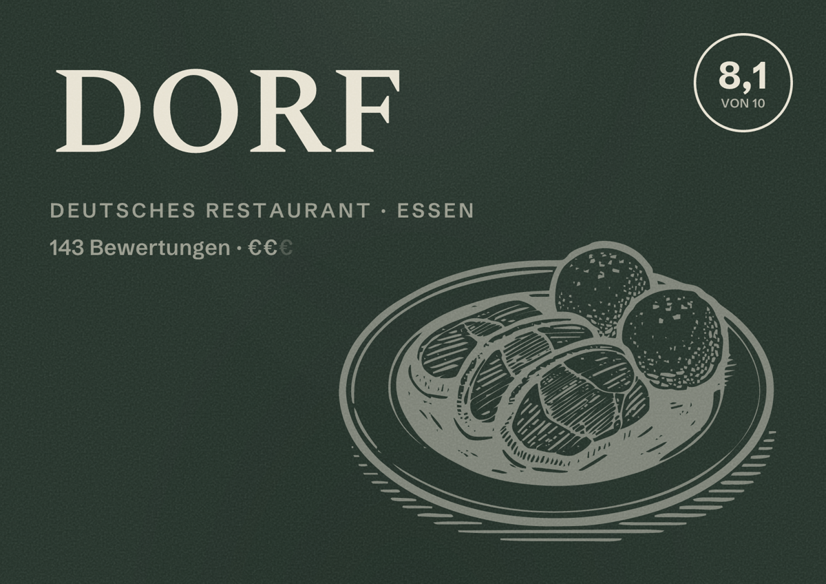 Illustriertes Poster von DORF, Deutsches Restaurant in Essen: Bewertung 8,1 von 10 aus 143 Bewertungen, Preisniveau €€
