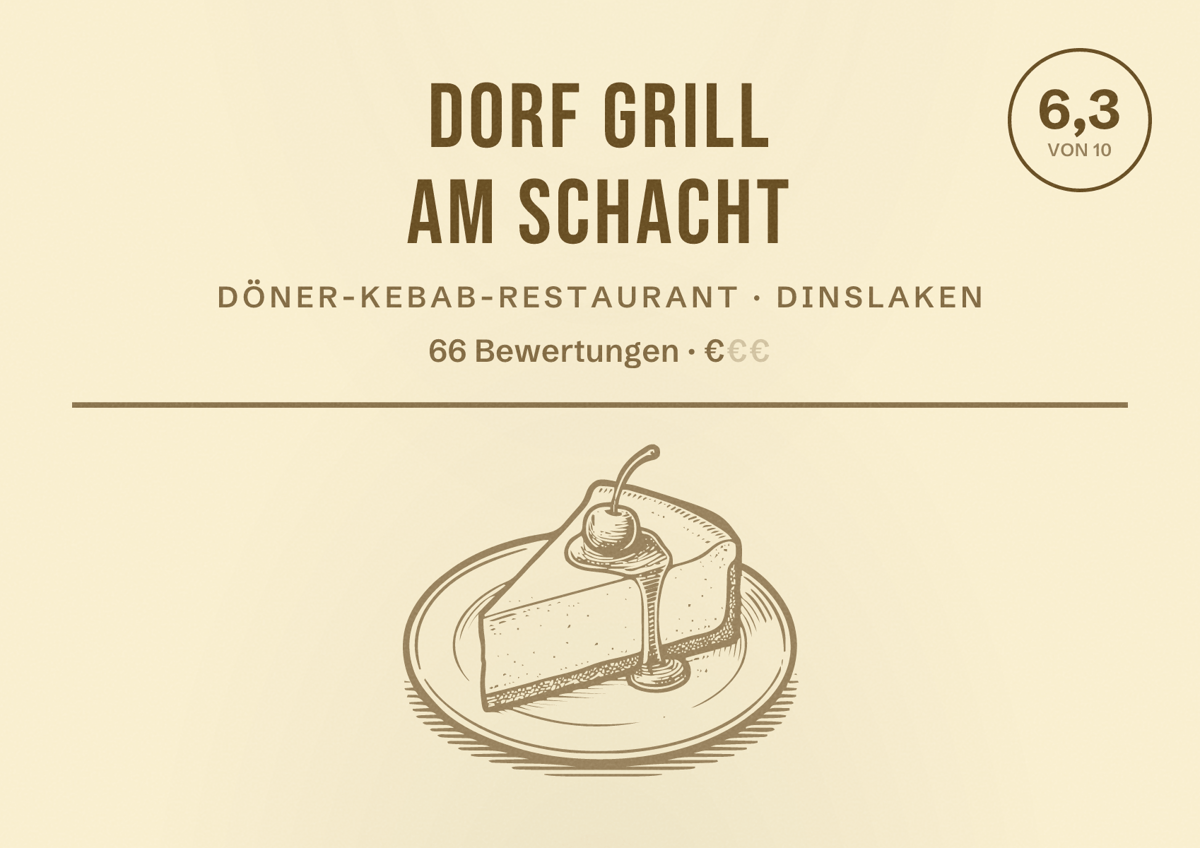 Illustriertes Poster von Dorf Grill am Schacht, Döner-Kebab-Restaurant in Dinslaken: Bewertung 6,3 von 10 aus 66 Bewertungen, Preisniveau €